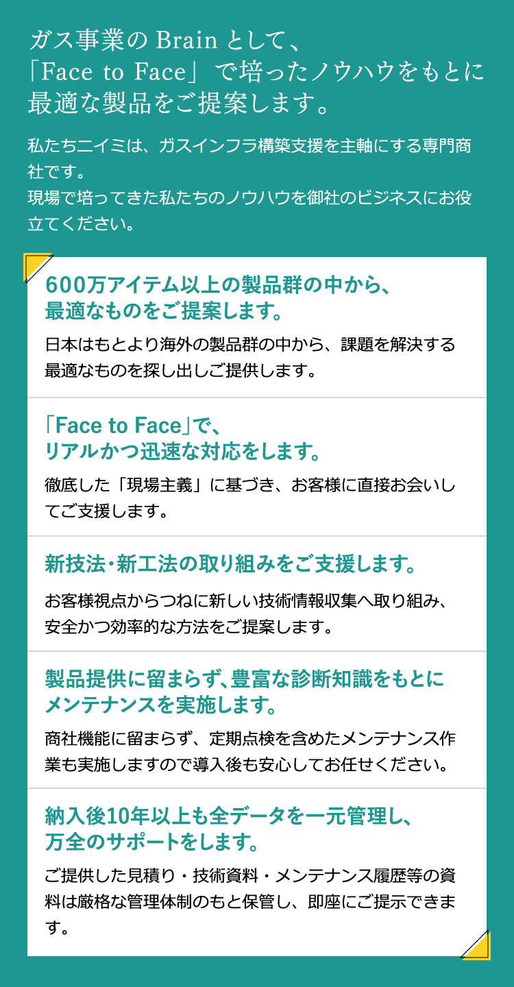 ガス事業のBrainとして、「Face to Face」で培ったノウハウをもとに最適な製品をご提案します。